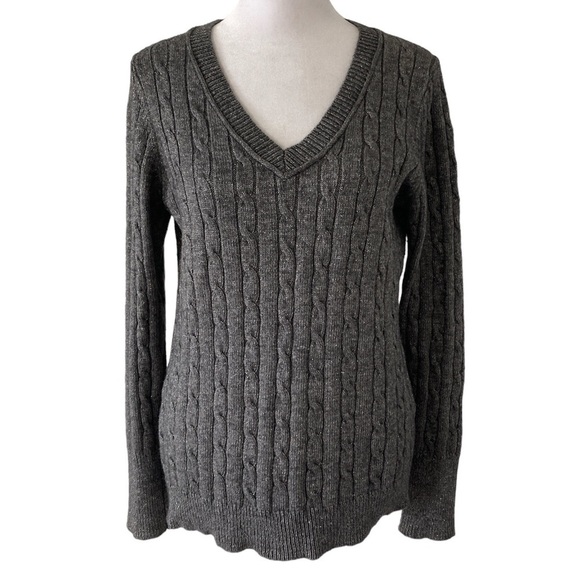 LOFT Medium sweater gray c-neck metallic threads cable - Picture 1 of 11